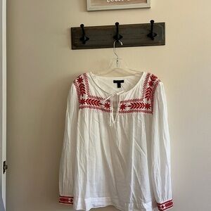 J. Crew Red and White Embroidered Blouse with Tie Front